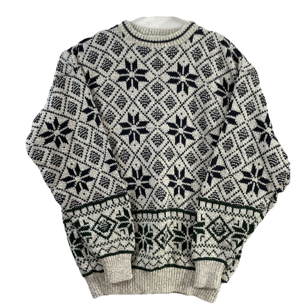 Vintage Robert Stock Sweater Mens L Grandpa White Blue Accents Pullover Made USA
